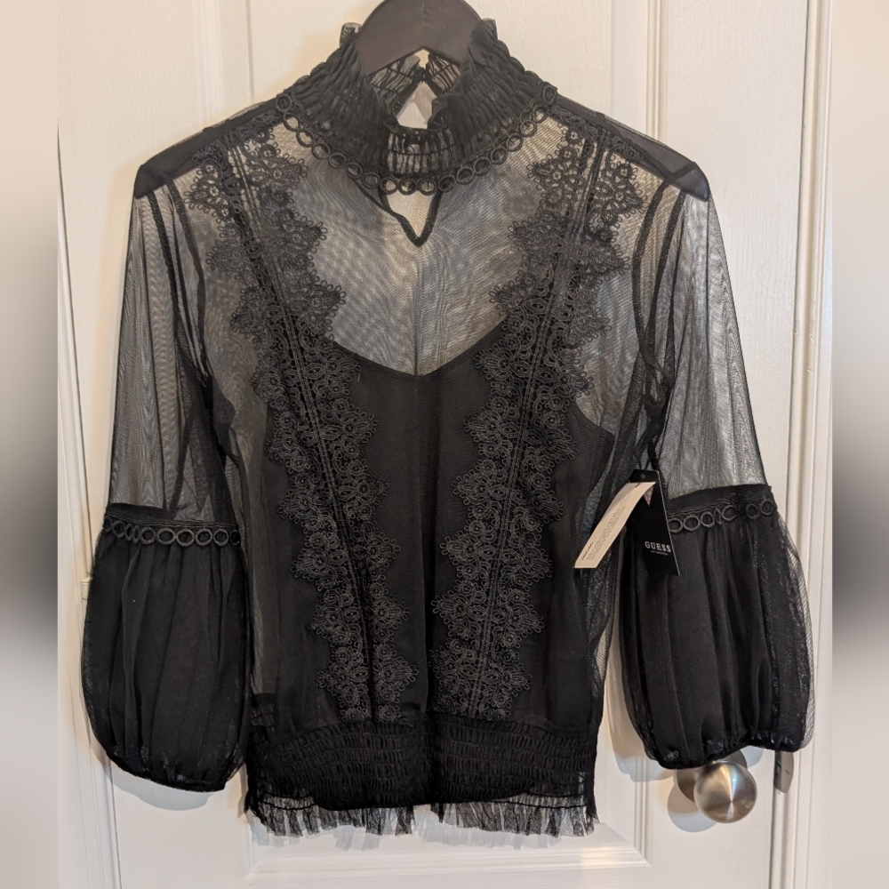 GUESS‎ Luigi Appliqué Smocked Top Size Medium Black - Picture 2 of 9
